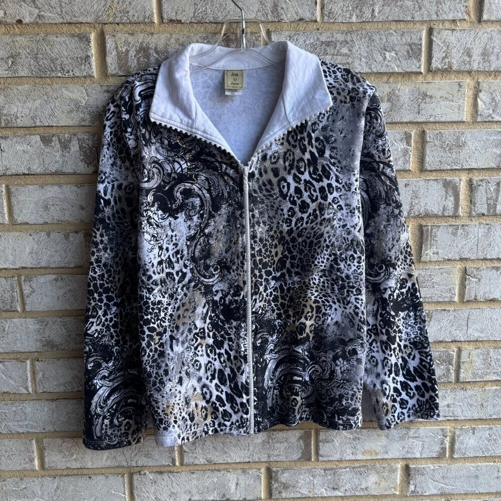 Jess & Jane Long Sleeve Rhinestones Zip Front Animal Print Y2K Jacket  Size L.